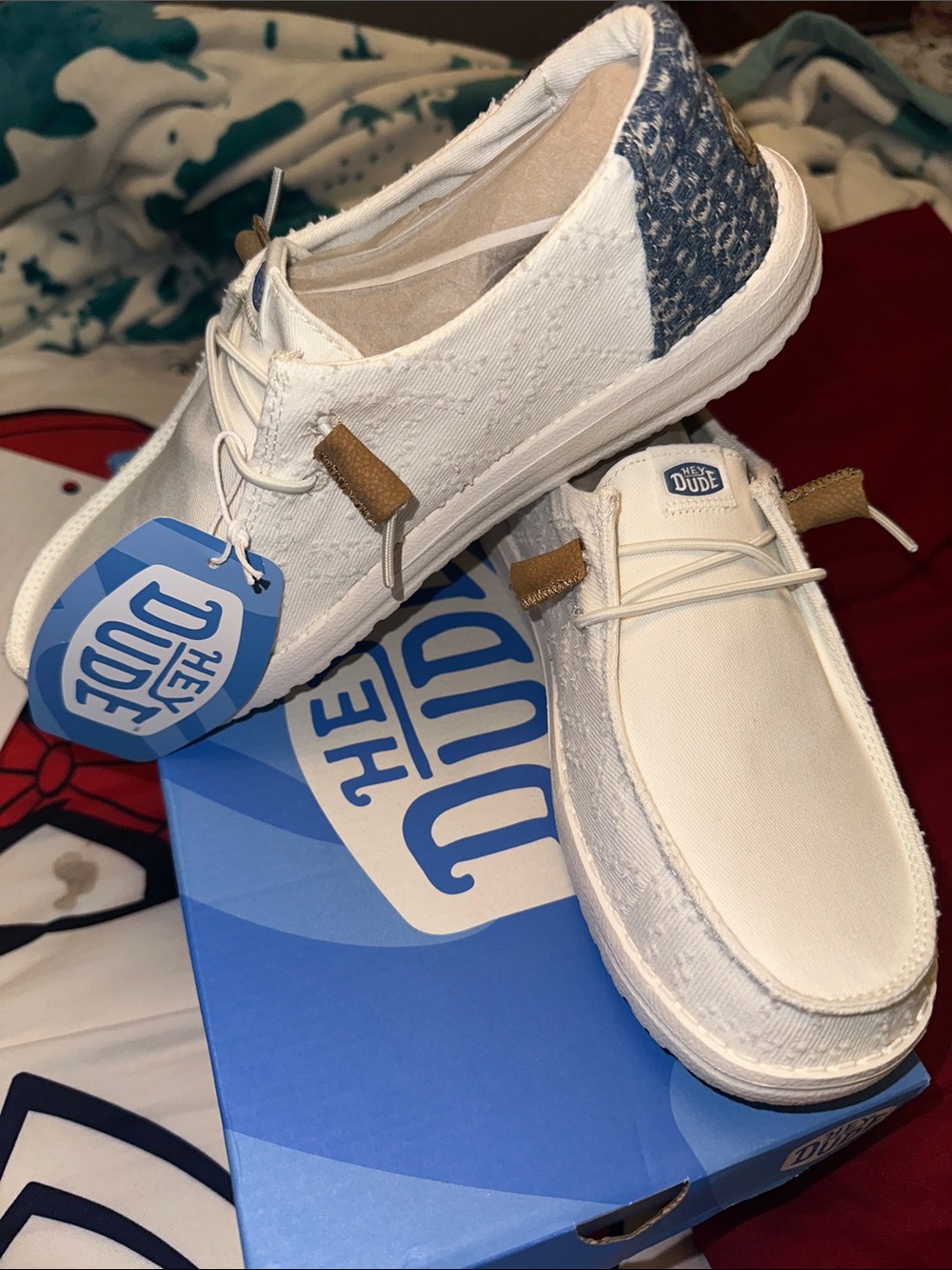Hey Dude White Canvas Slip-On Loafers with Tan Accents